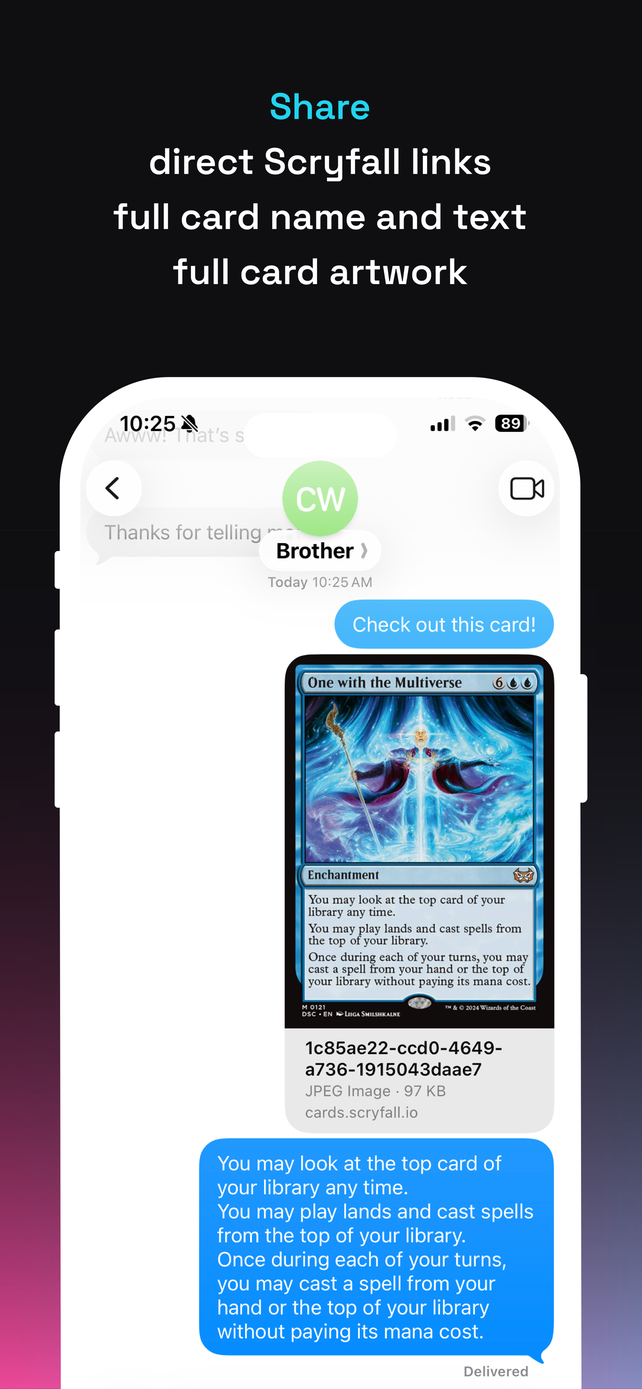 App Store screenshot: Share direct Scryfall links, full card name and text, full card artwork, over a thread showing the card image and its rules text