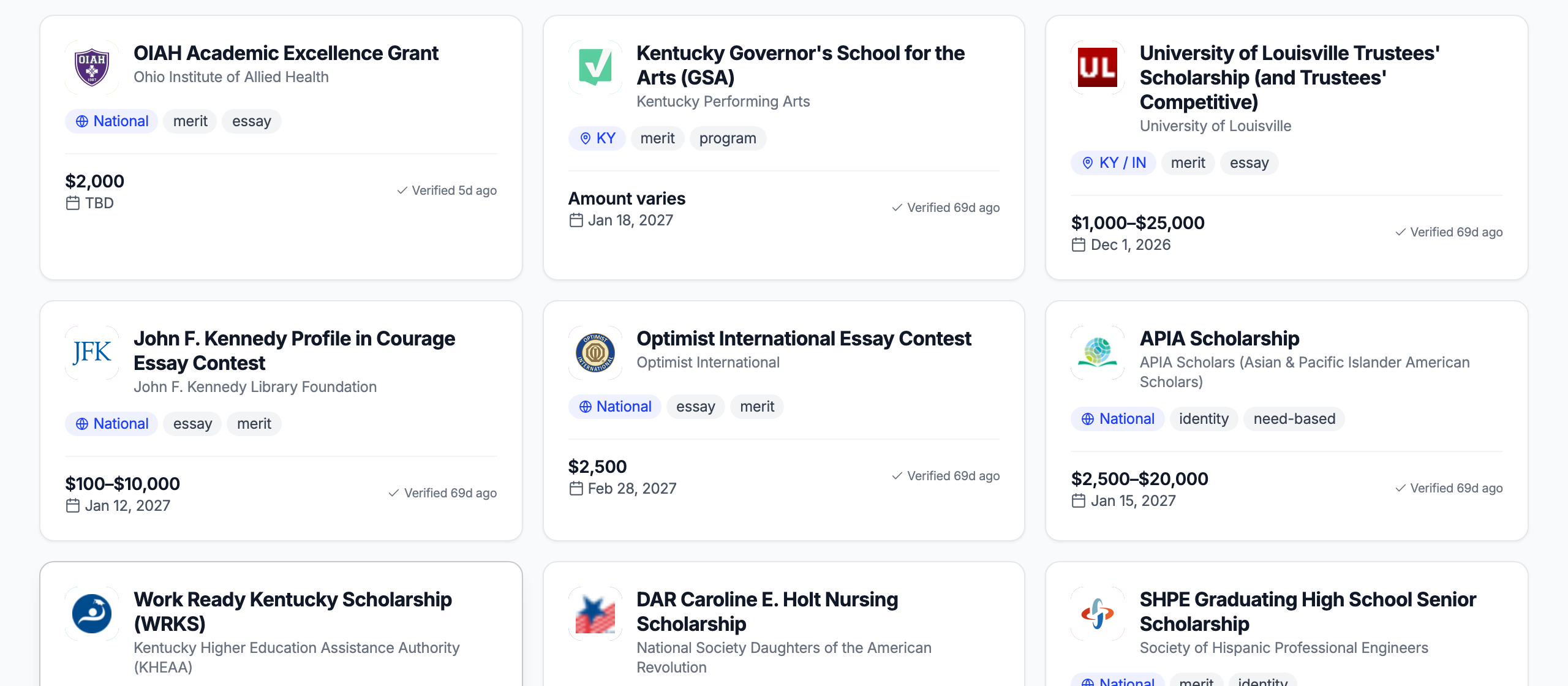 ScholarSpring's scholarship list: cards for real awards with amounts, deadlines, and a last-verified date on each