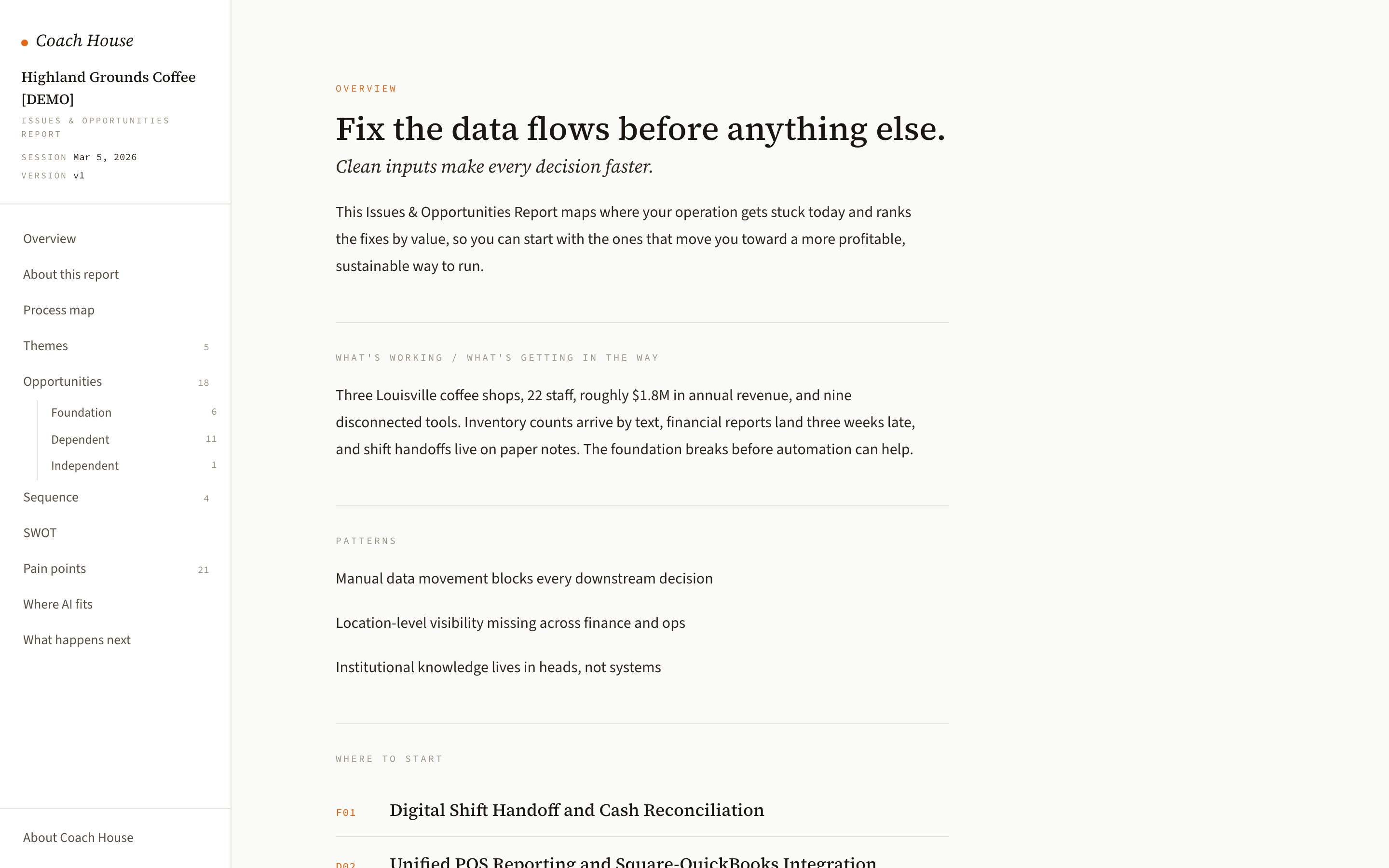 A Thorn report for a demo coffee company: the overview and where to start